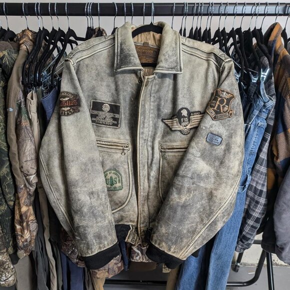 GRAIL Real 90s USFS boxy fit Territoire Redskins faded real leather jacket - Picture 1 of 8